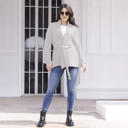 Damen Strickjacke mit Bindegürtel und lässigem Schnitt R&B