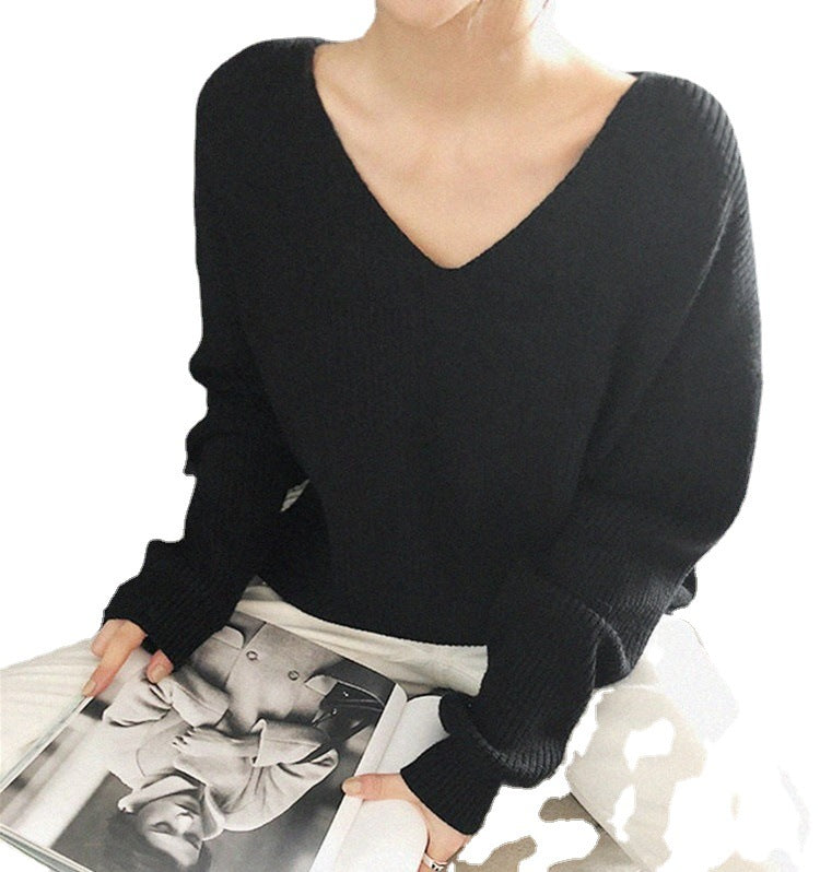 Damen Grob gestrickter V-Ausschnitt Pullover mit lässiger Passform und Volumenärmel R&B