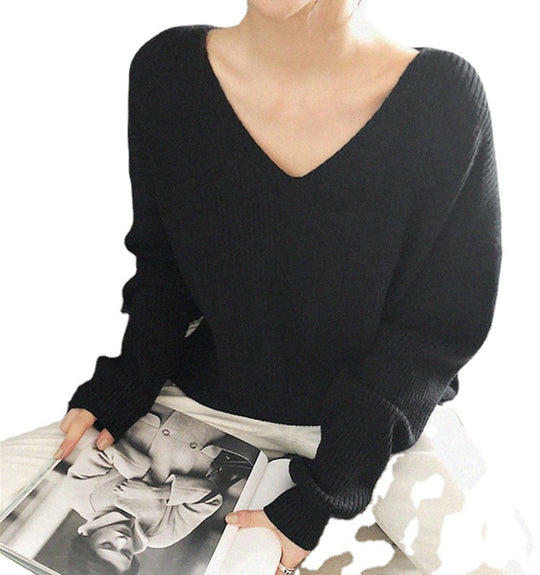 Damen Grob gestrickter V-Ausschnitt Pullover mit lässiger Passform und Volumenärmel R&B