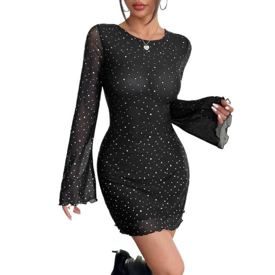 Damen schulterfreies Minikleid mit langärmligen Volantärmeln und tiefem Rückenausschnitt R&B