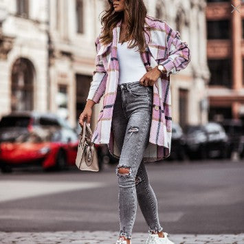 Damen Karierte Overshirt-Jacke mit praktischen Brusttaschen R&B