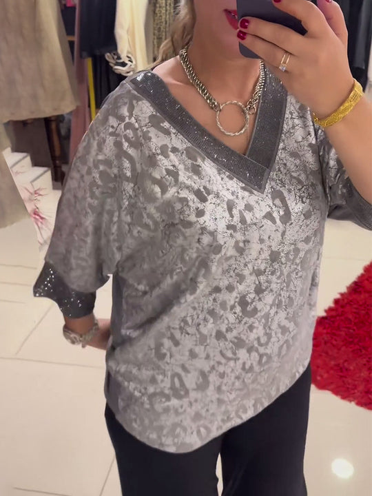 Damen Elegante Bluse mit schimmernden Akzenten und V-Ausschnitt Heidi-Mode
