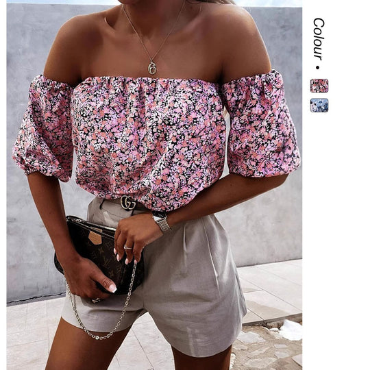Damen Off-Shoulder Bluse mit voluminösen Puffärmeln und floralem Muster R&B