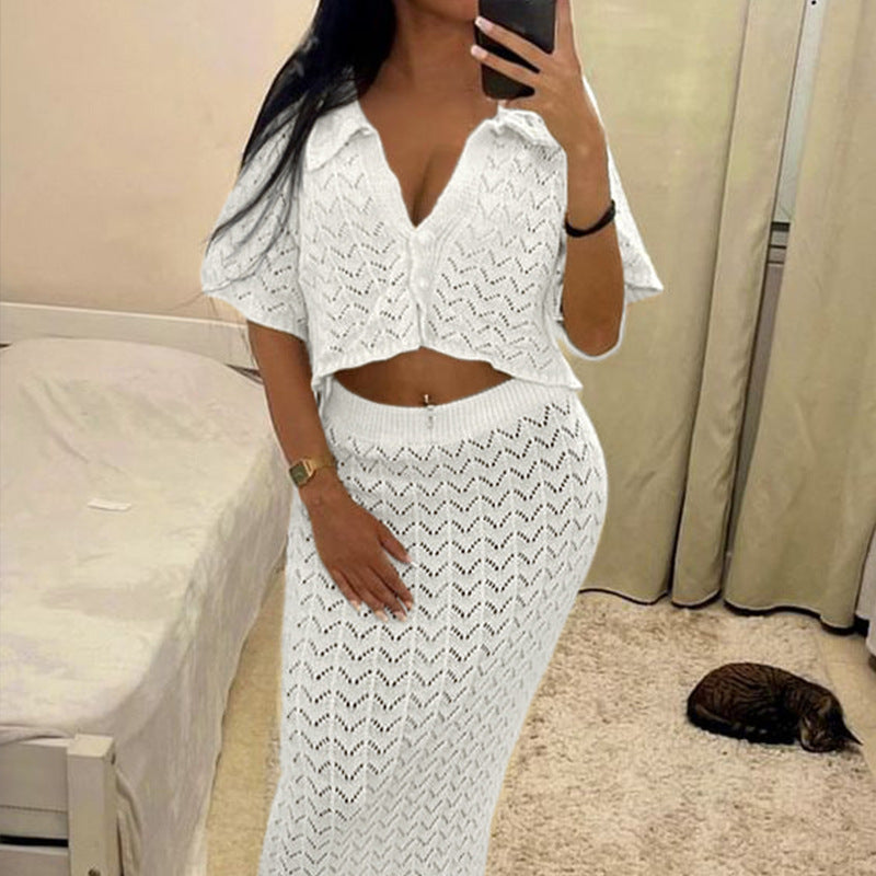 Damen Strick-Kleid mit hohen Seitenschlitzen und modischem Lochmuster R&B