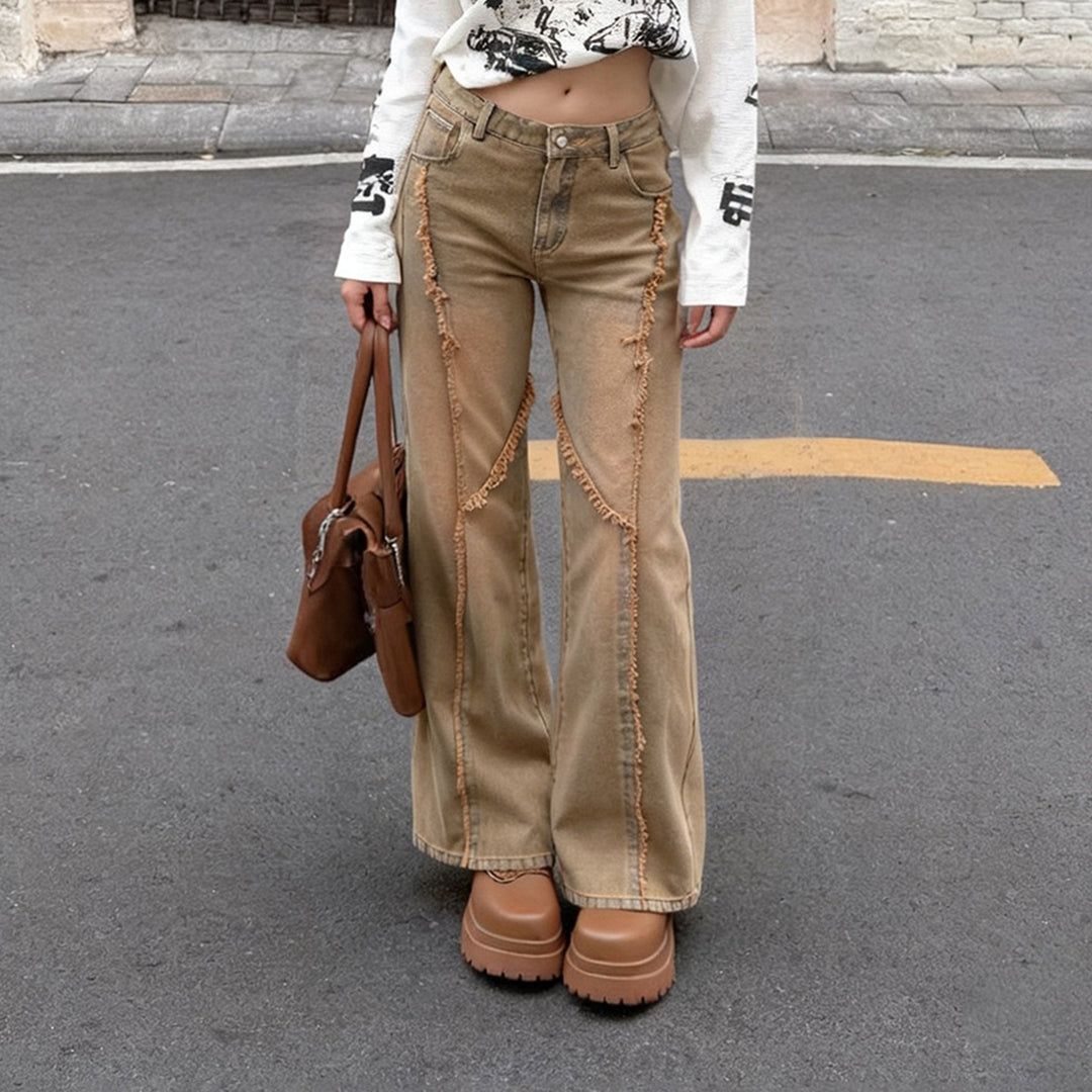 Damen weite Jeanshose mit fransigen Details R&B