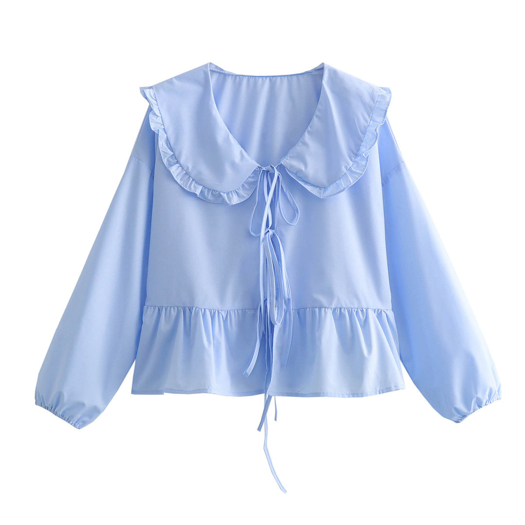 Damen trendiges Blusenshirt mit Rüschenkragen und Kordelzug R&B