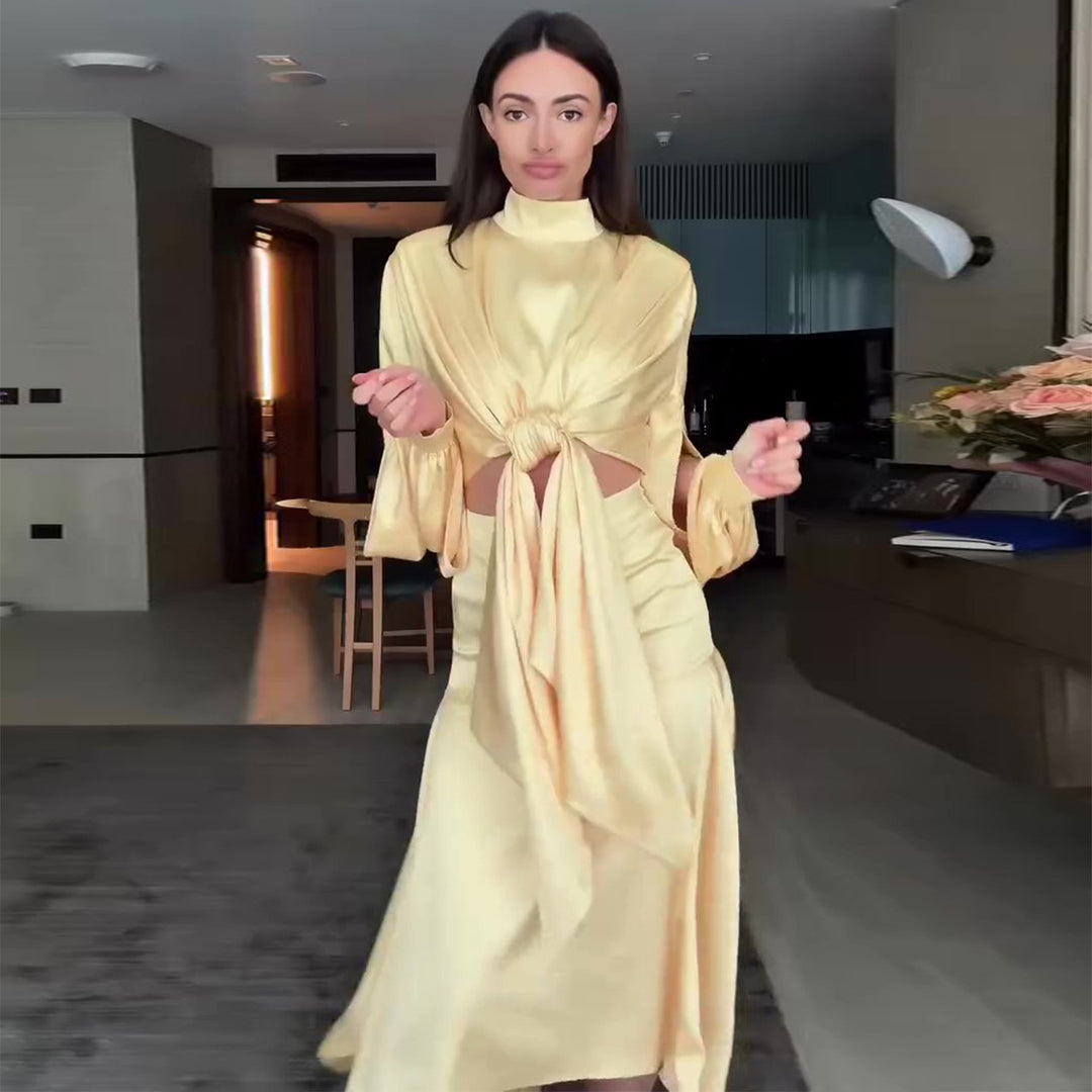 Damen elegantes Wickelkleid mit modischen Cut-Out-Details und voluminösen Ärmeln R&B