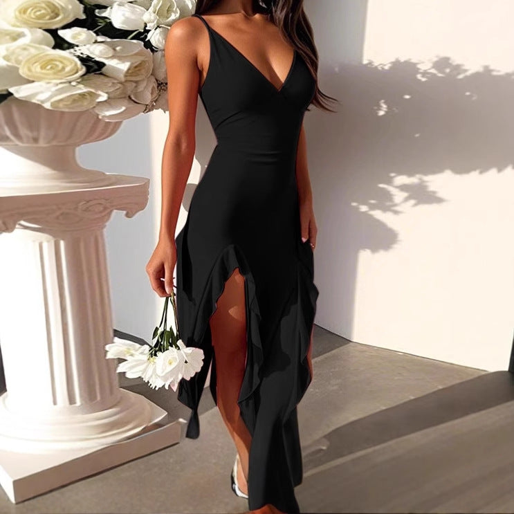 Damen Elegantes Maxikleid mit asymmetrischem Saum und tiefem V-Ausschnitt R&B