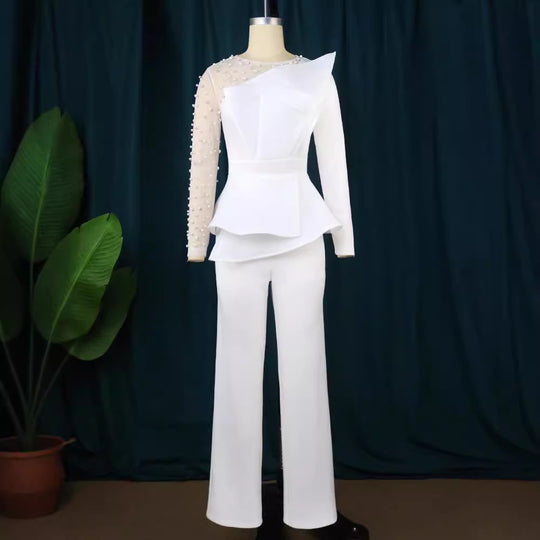 Damen Eleganter Jumpsuit mit transparenten Puffärmeln und tiefem V-Ausschnitt R&B