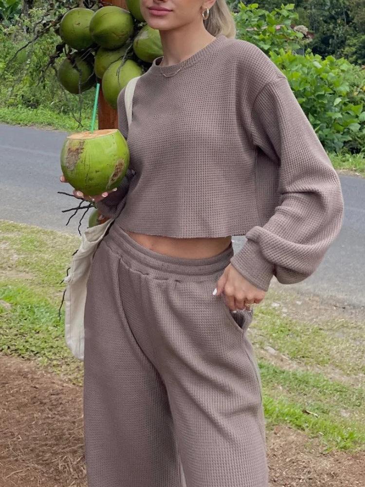 Damen lässiges Waffelpique-Set mit cropped Oberteil und bequemen Hosen R&B