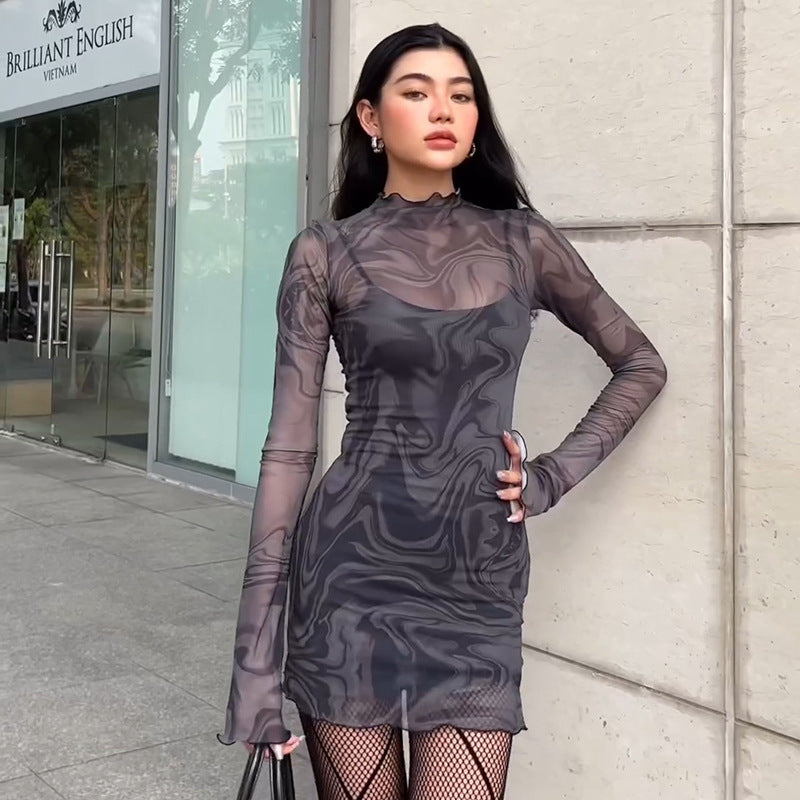 Damen figurbetontes Netzkleid mit marbled Effekt R&B
