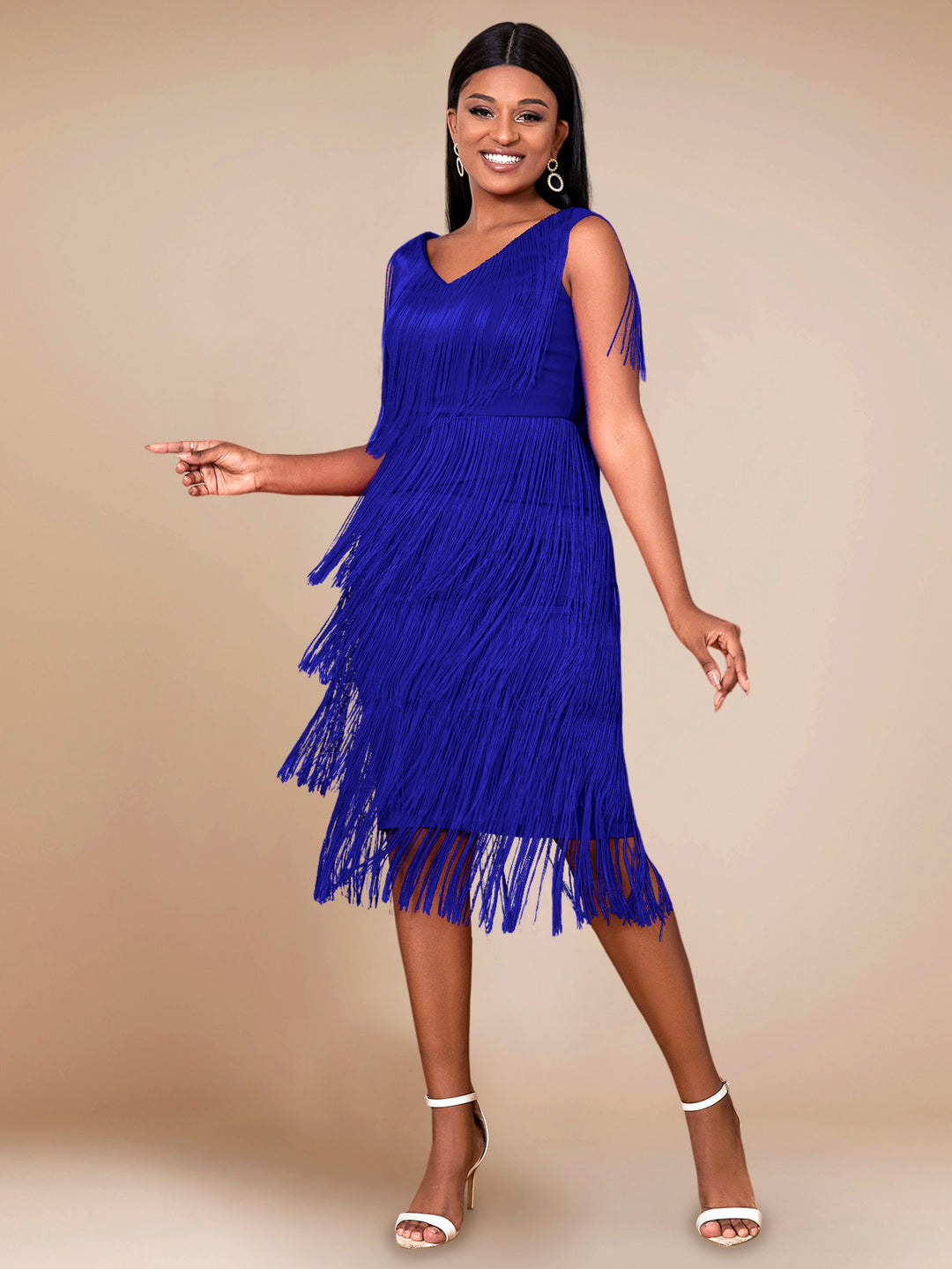 Damen Fransen Kleid mit elegantem V-Ausschnitt und schwingendem Saum R&B
