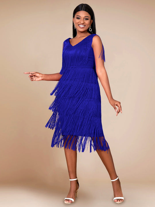 Damen Fransen Kleid mit elegantem V-Ausschnitt und schwingendem Saum R&B