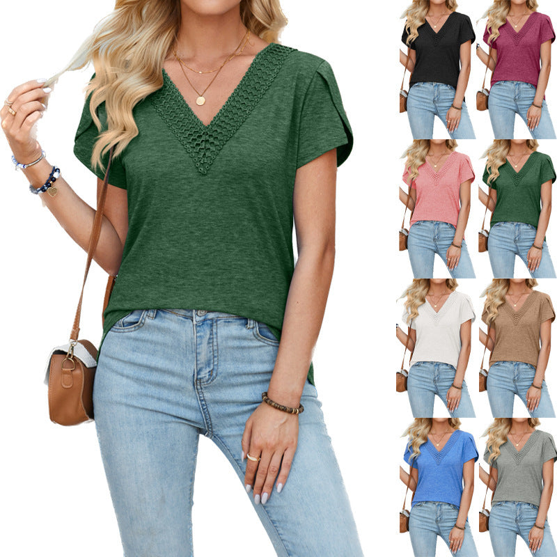 Damen V-Ausschnitt T-Shirt mit Spitzenakzenten R&B