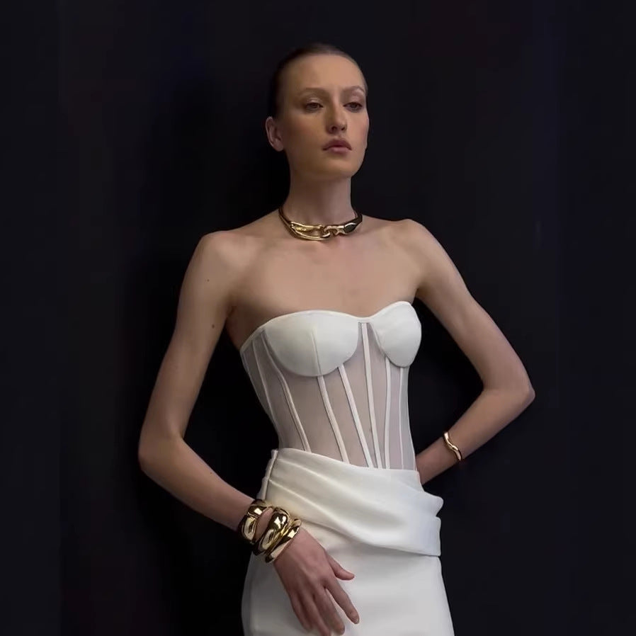 Damen Corsage-Langarmkleid mit elegantem Schnitt und fließendem Rock R&B