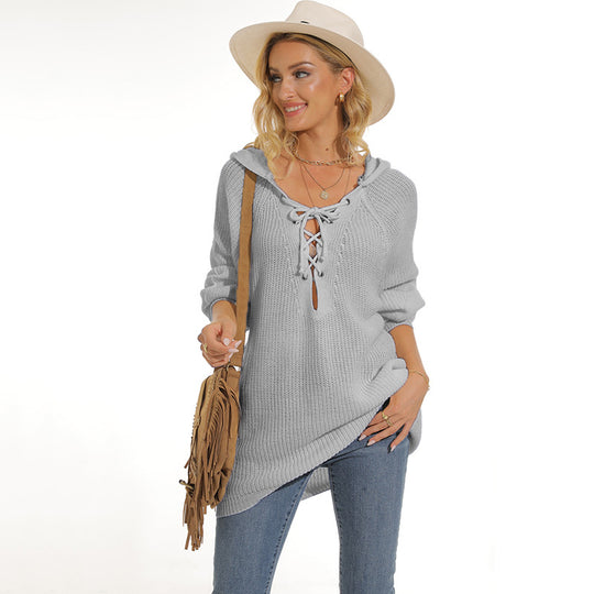 Damen lässiger Strickpullover mit einzigartigem Schnürdesign und lockerer Passform R&B