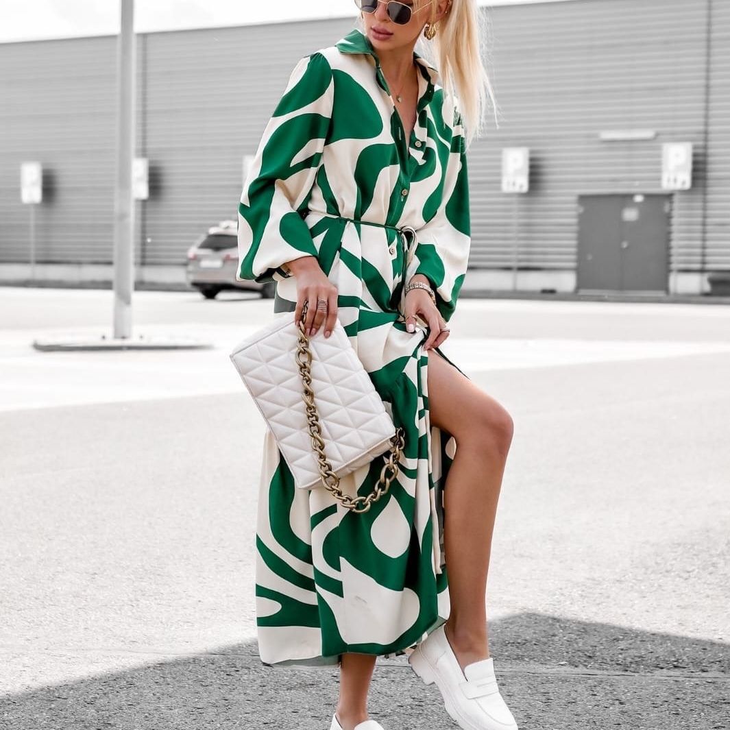 Damen Hemdblusenkleid mit modischem Wellenmuster und Taillengürtel R&B