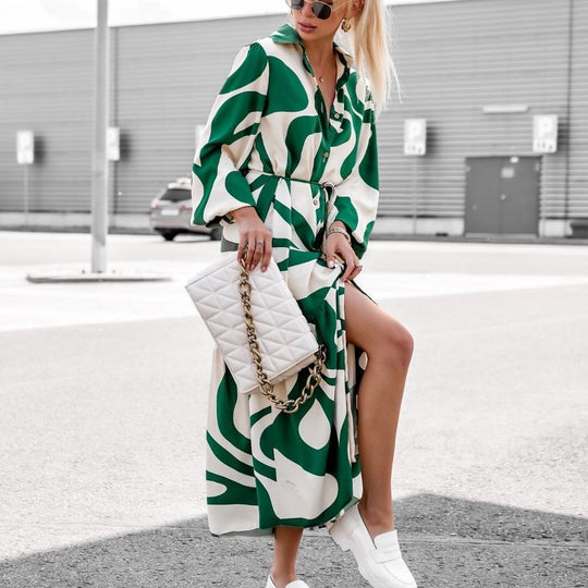 Damen Hemdblusenkleid mit modischem Wellenmuster und Taillengürtel R&B