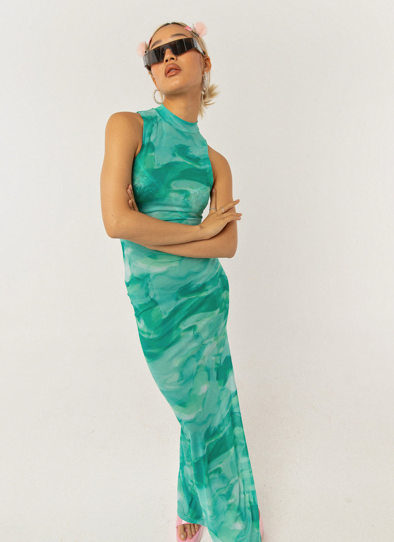 Damen elegantes Maxikleid mit hohem Kragen und fließendem Schnitt R&B