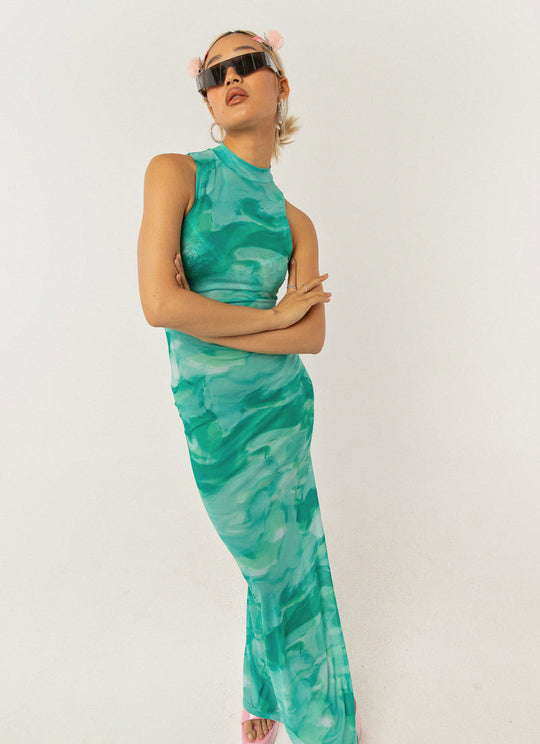 Damen elegantes Maxikleid mit hohem Kragen und fließendem Schnitt R&B