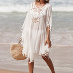 Damen Häkel-Strandüberwurf mit fransigem Saum und elegantem Lochmuster R&B
