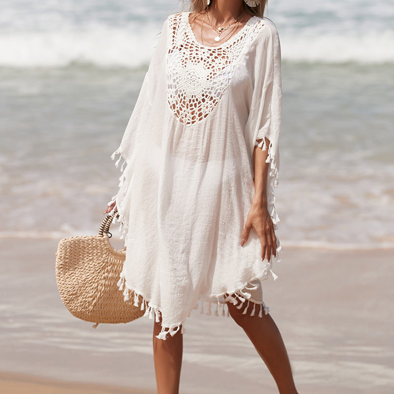 Damen Häkel-Strandüberwurf mit fransigem Saum und elegantem Lochmuster R&B