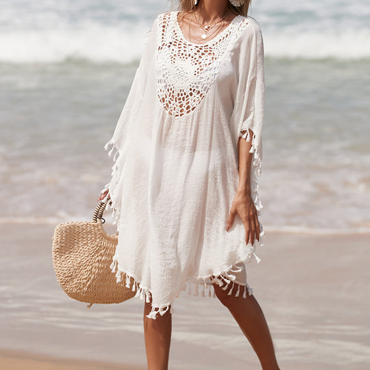 Damen Häkel-Strandüberwurf mit fransigem Saum und elegantem Lochmuster R&B