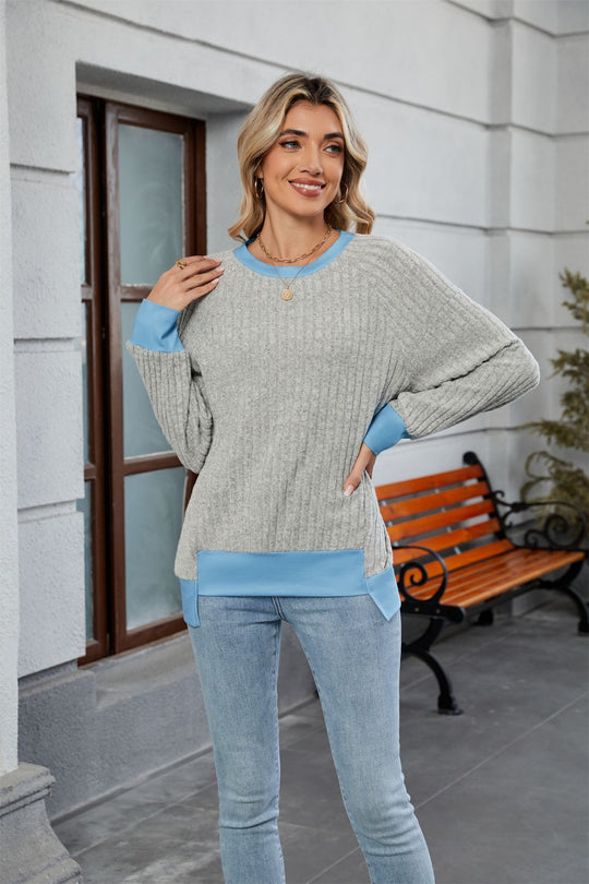Damen lässiger Pullover mit kontrastierenden Ärmelabschlüssen und einzigartiger Textur R&B