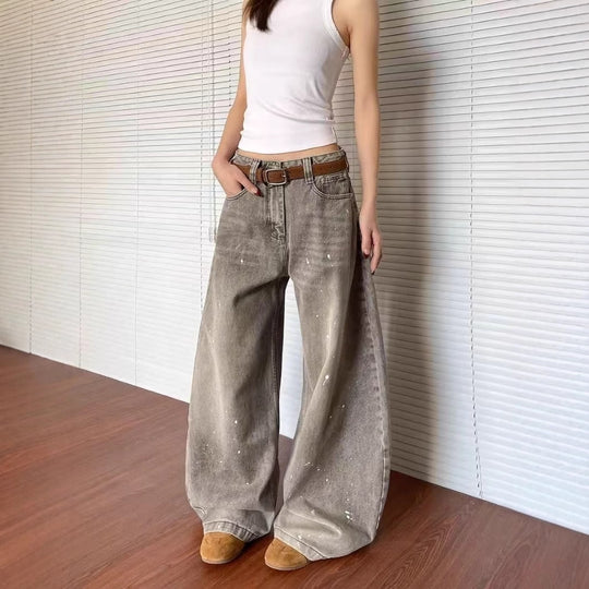 Damen weite Jeanshose im Vintage-Stil mit lässigem Schnitt und kreativen Farbdetails R&B