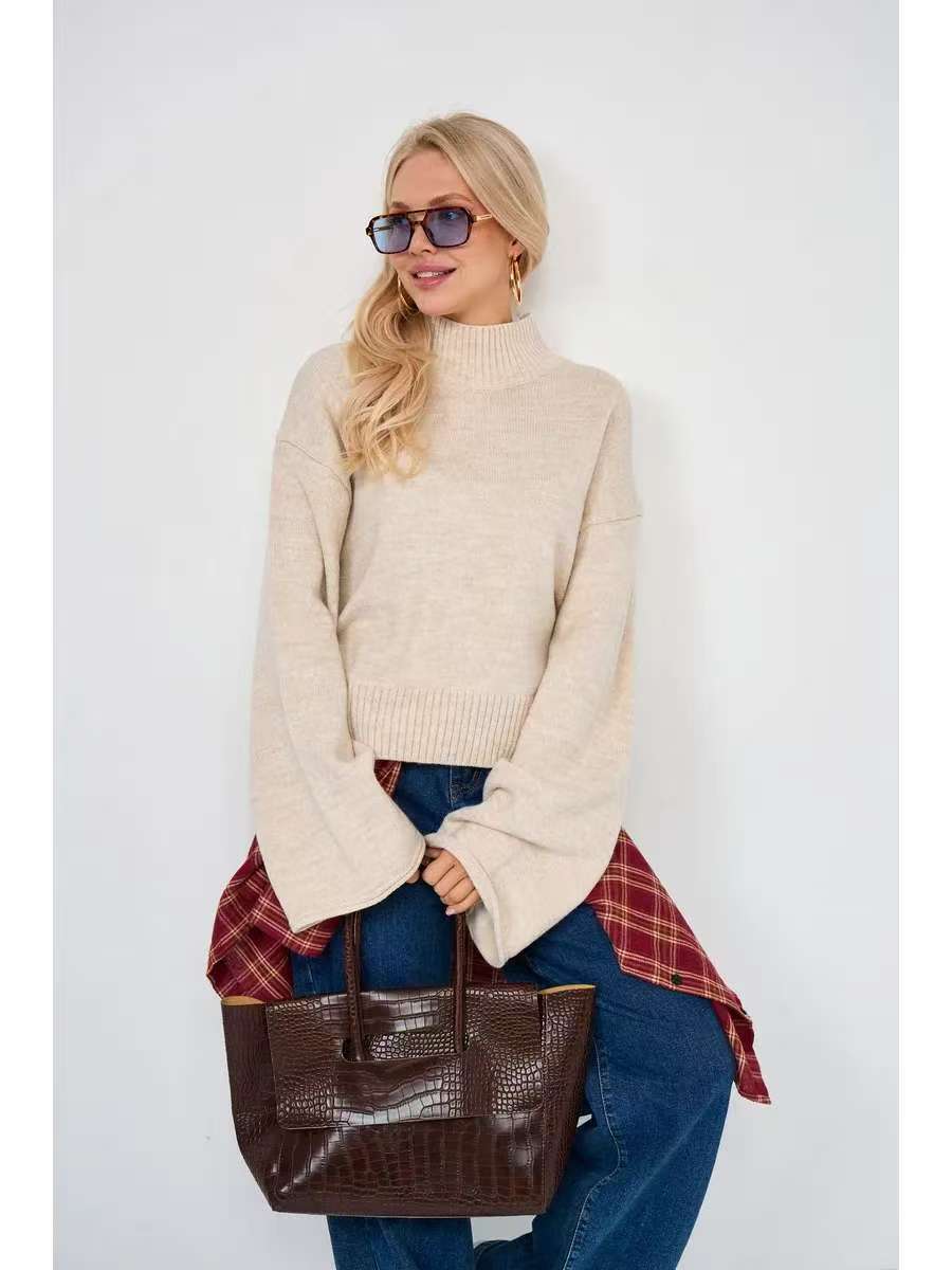 Damen Eleganter Oversized Pullover mit weitem Schnitt und Stehkragen R&B