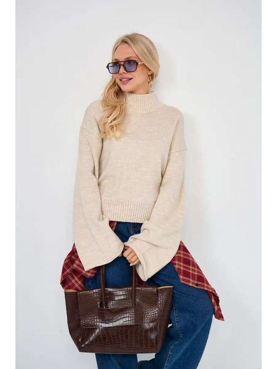 Damen Eleganter Oversized Pullover mit weitem Schnitt und Stehkragen R&B