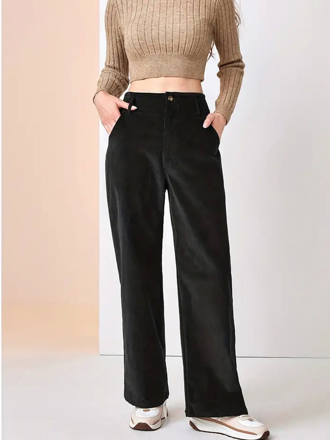 Damen Weit geschnittene Stoffhose mit hohem Bund und praktischen Taschen R&B
