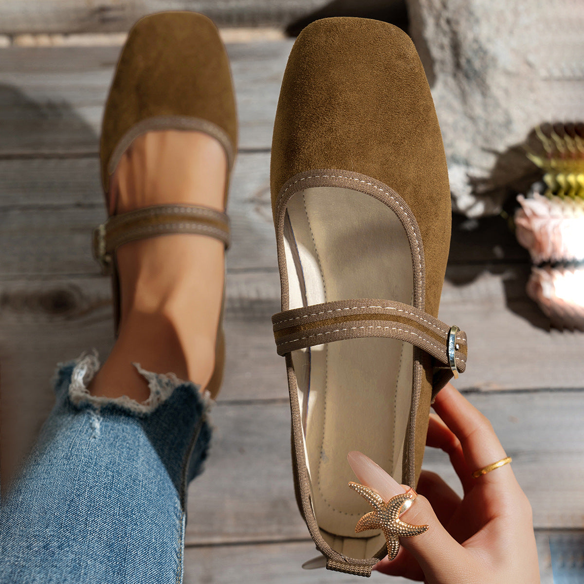 Damen edle Ballerinas mit klassischem Riemen R&B