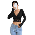 Damen Cropped Langarmshirt mit raffiniertem Spitzenbesatz R&B