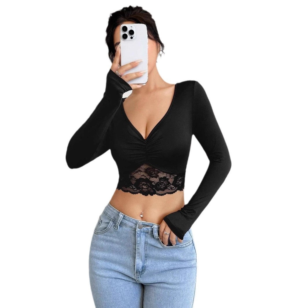 Damen Cropped Langarmshirt mit raffiniertem Spitzenbesatz R&B