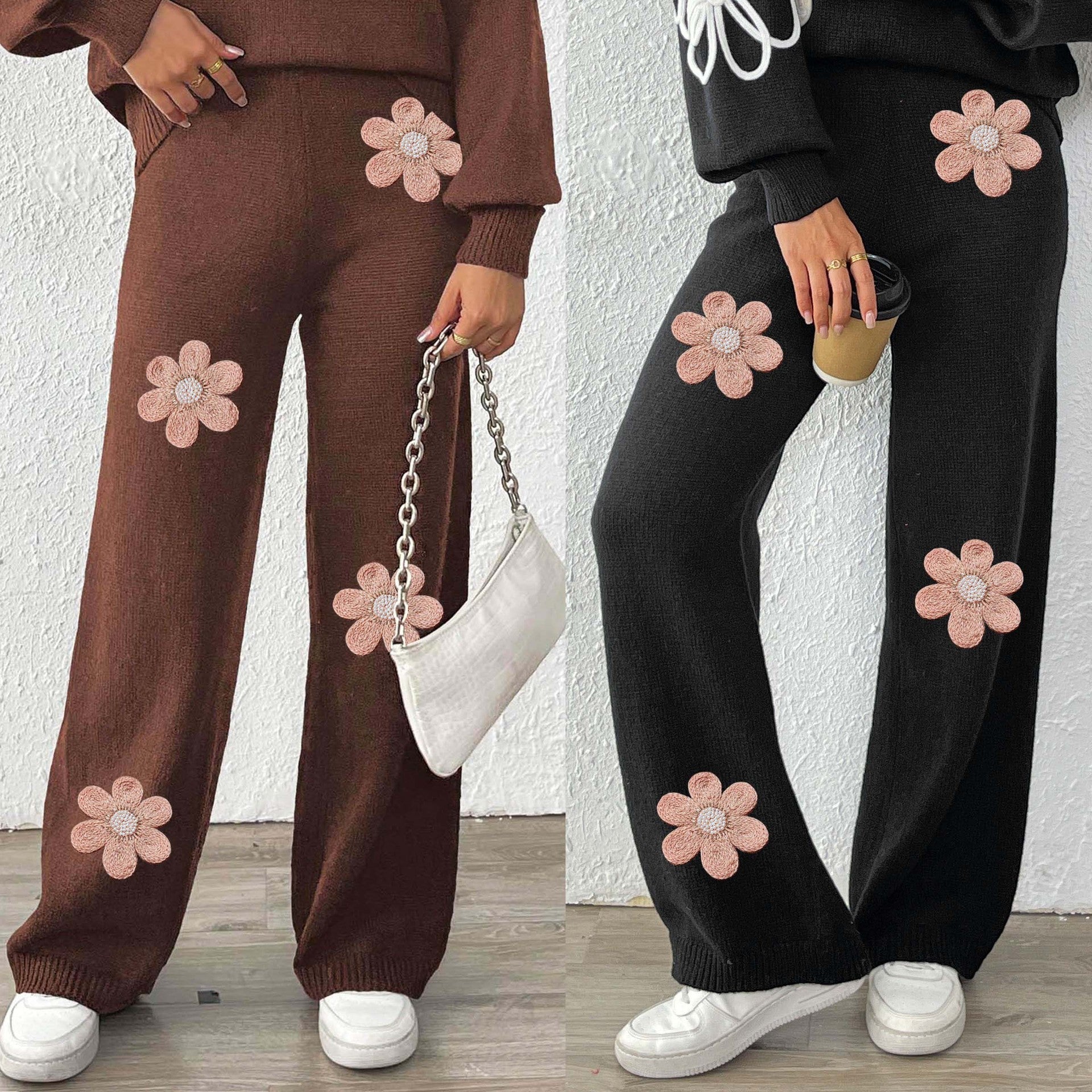 Damen lockere Strickhose mit floralen Applikationen R&B