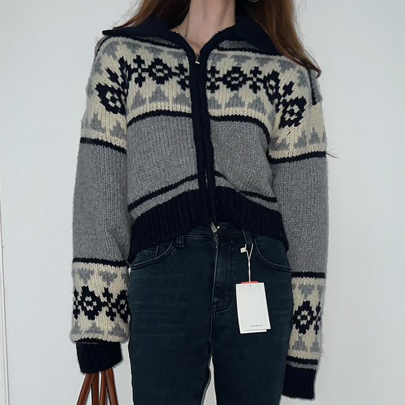 Damen Strickjacke mit floralem Muster und komfortablem Stehkragen R&B