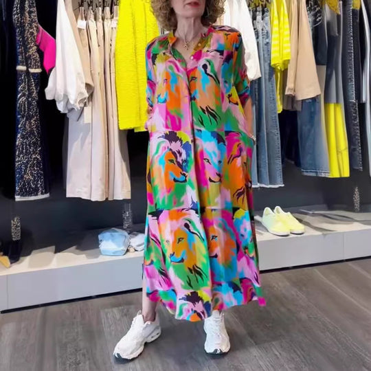 Damen nan Hemdblusen-Maxikleid mit Pop‑Art-Löwenprint, Knopfleiste und Eingrifftaschen R&B