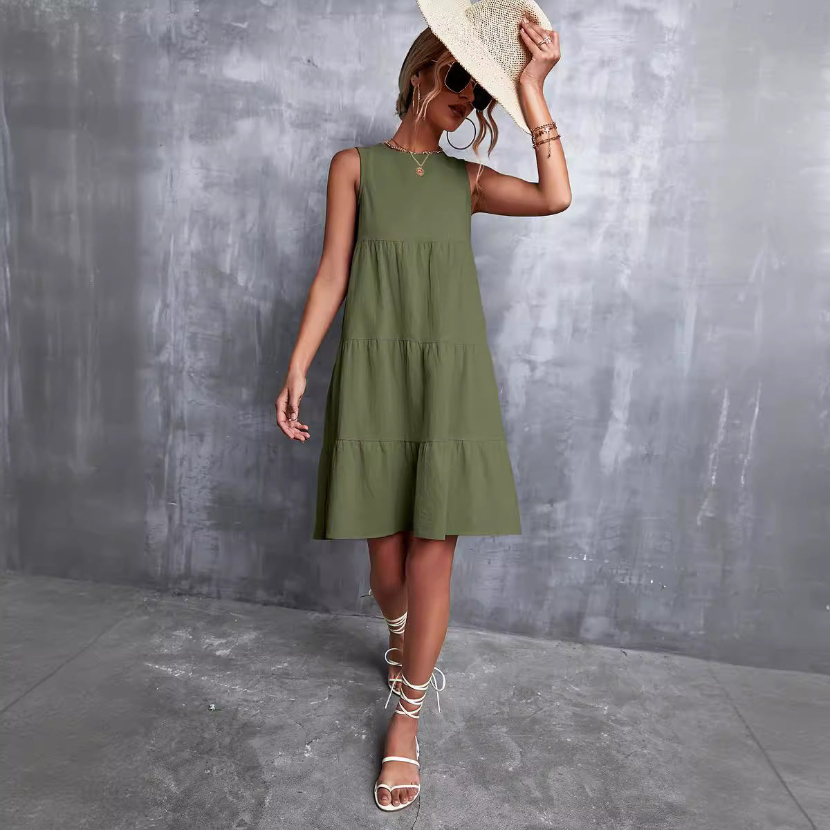 Damen Sommerliches A-Linien Kleid mit voluminösem Rock und ärmellosem Design R&B