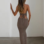 Damen gehäkeltes Maxikleid mit tiefem V-Ausschnitt und figurbetonter Silhouette R&B