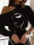 Damen Designer Off-Shoulder Shirt mit stylischem Gesichtsdruck R&B