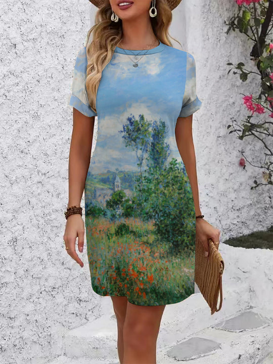 Damen lässiges Kurzarmkleid mit kreativem geometrischen Muster R&B