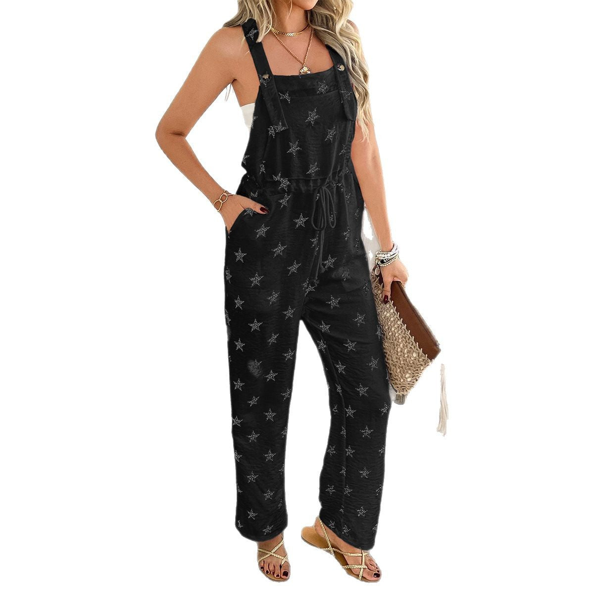 Damen Lässiger Jumpsuit mit Sternenmotiv und verstellbaren Trägern R&B