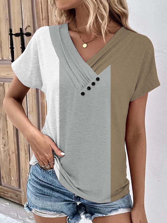 Damen Halbarm Bluse mit V-Ausschnitt und Knopfdetails R&B