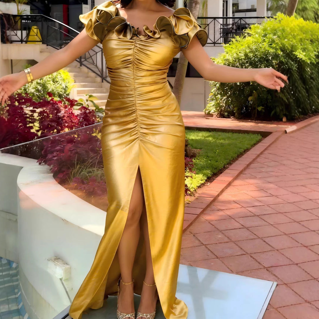 Damen glamouröses Abendkleid mit Rüschen und hohem Schlitz R&B