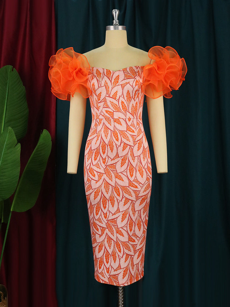 Damen Elegantes Midi-Kleid mit innovativen Puffärmeln und kunstvollem Druck R&B