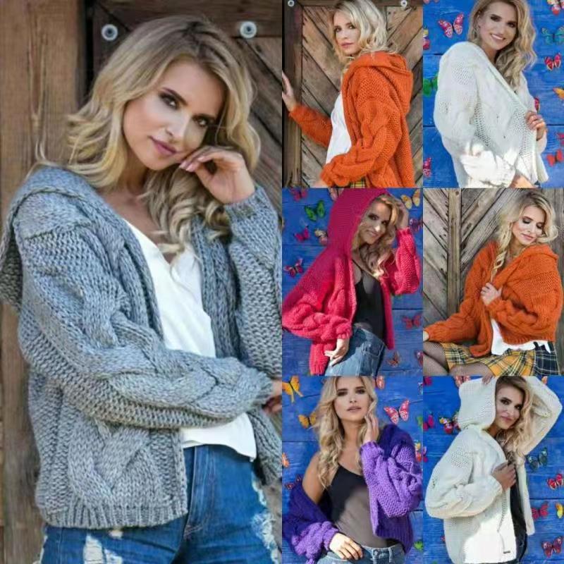 Damen gestrickte Kapuzenjacke mit voluminösem Gewebe und Zopfmuster R&B