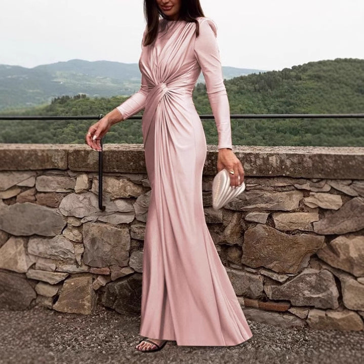 Damen Elegantes Longdress mit Raffung und hohem Kragen R&B