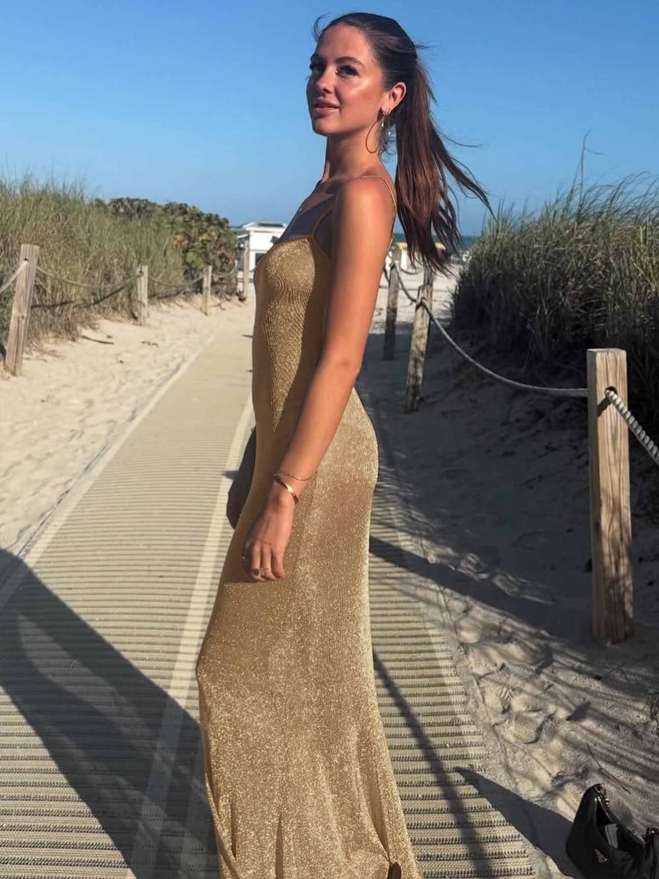 Damen Elegantes Maxikleid mit schwingendem Rock und feinen Spaghettiträgern R&B