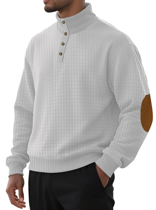 Herren nan kariertes Stepp-Sweatshirt mit Henley-Blende hohem Stehkragen und Velours-Ellenbogenpatch R&B